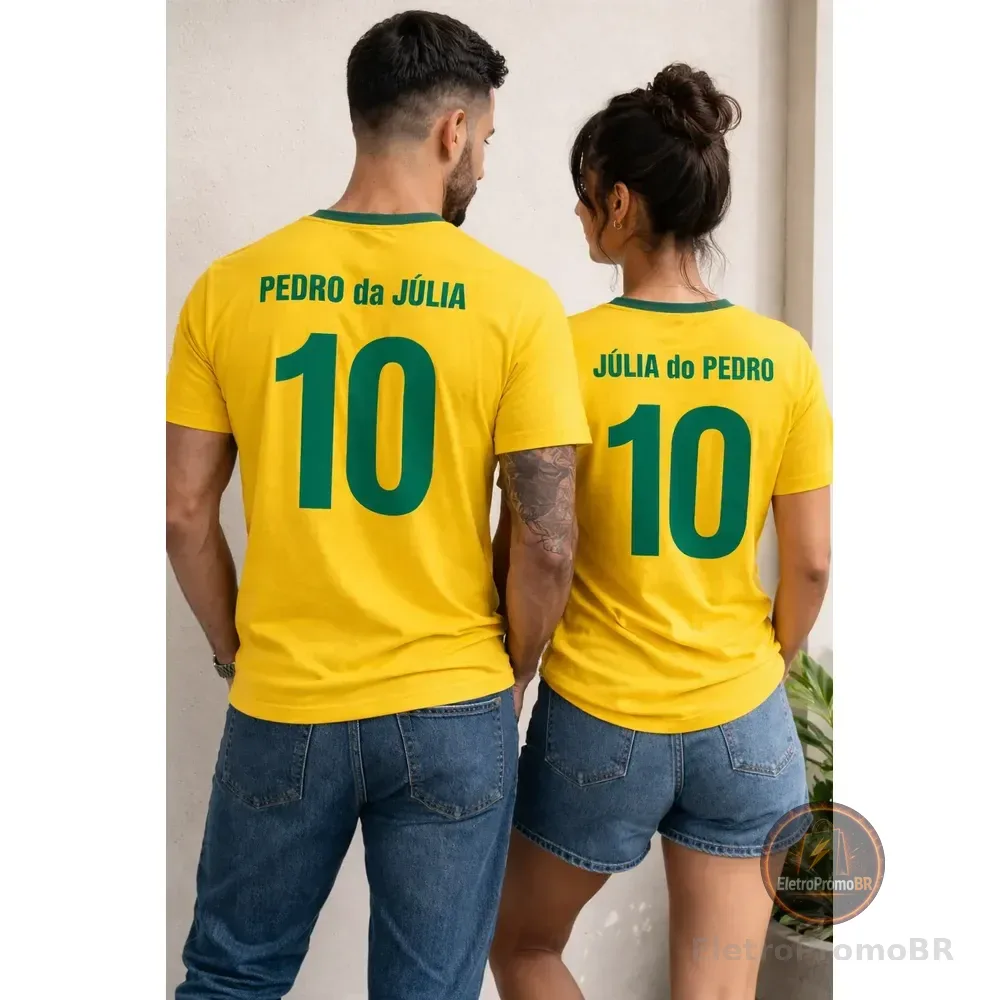 Kit 2 Camisetas Personalizadas Casal Brasil Nome E Número Amarelo Bandeira Desfocada G