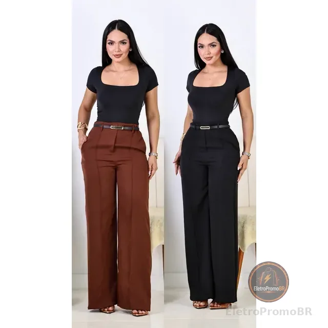 Kit 2 Calça Pantalona Feminina Alfaiataria Elegante C/ Cinto