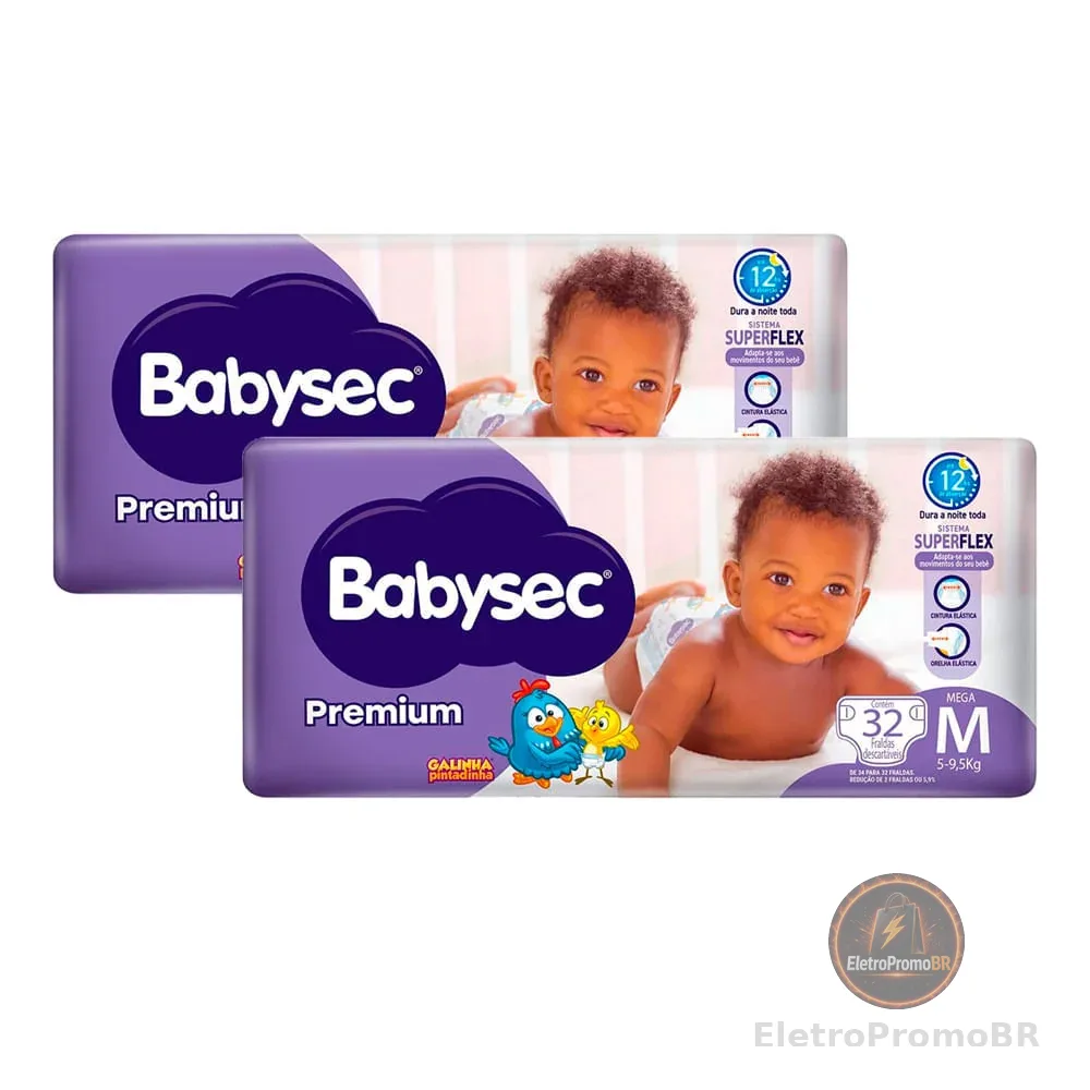 Kit 2 Fralda Babysec Premium Tamanho M Pacote Mega com 32 Unidades Descartáveis
