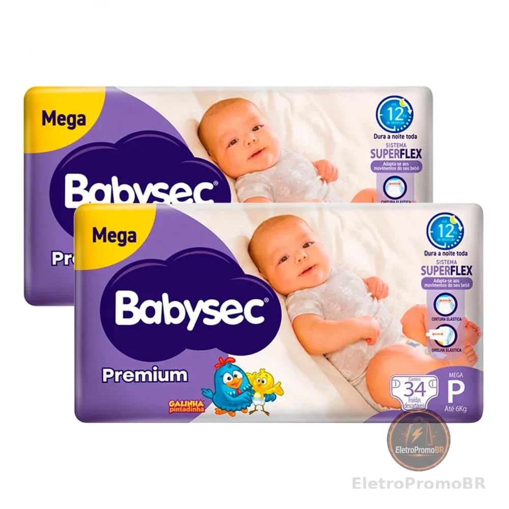 Kit 2 Fralda Babysec Premium Tamanho P com 34 Fraldas Descartáveis
