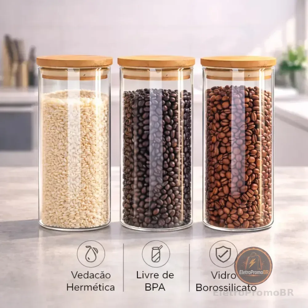 Kit 3 Potes De Vidro Herméticos Com Tampa De Bambu De 1 Litro Para Mantimentos Alimentos Grãos Café Massas Cereais Cozinha Com Vedação Hermética Vidro Borossilicato Bpa Free Transparente