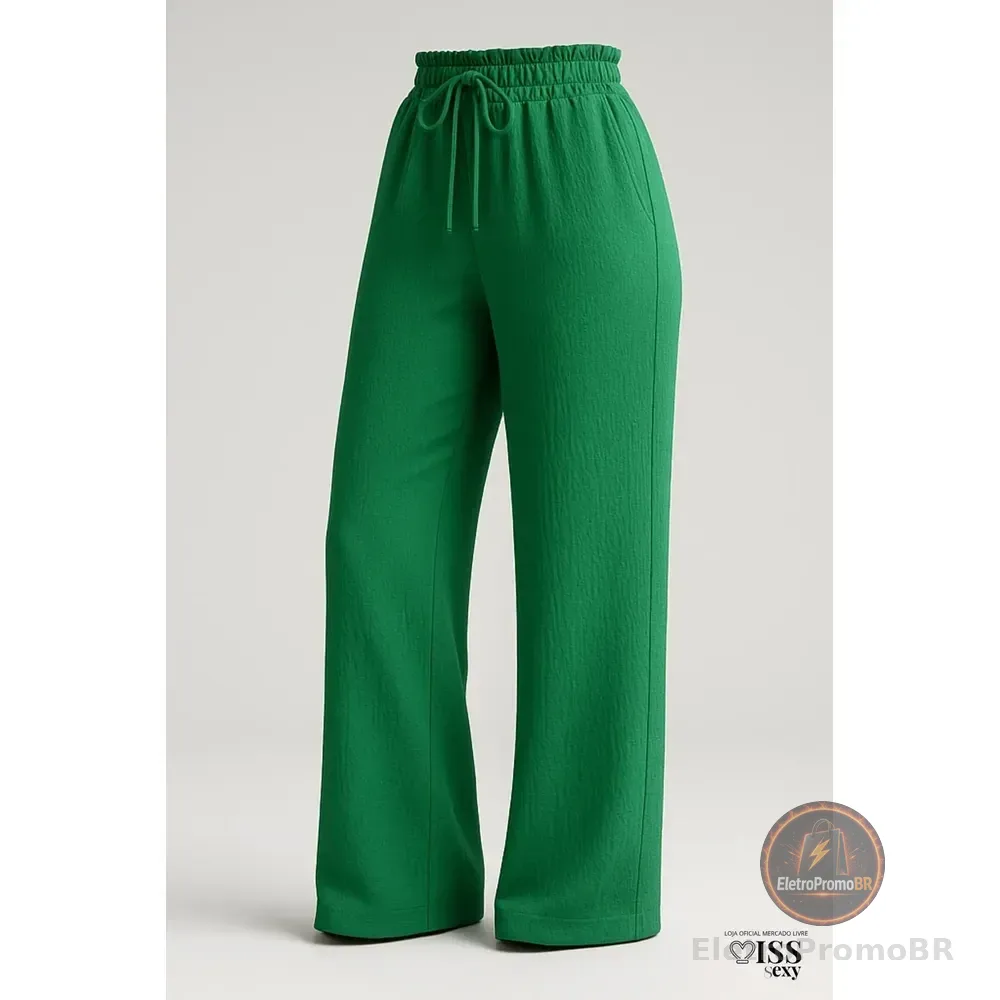 Calça Feminina Alfaiataria Wide Leg Social Pantalona Verde P