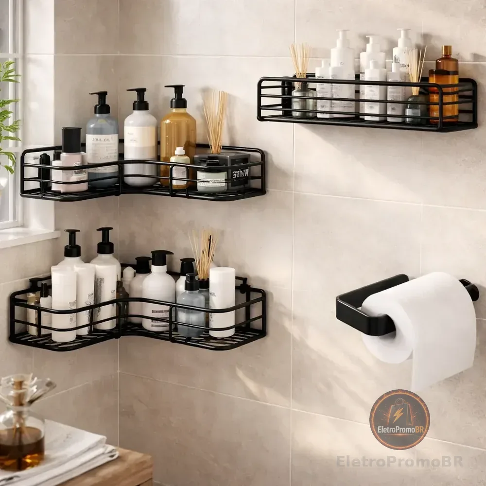 Kit 4 Suporte De Banheiro Alto Adesivo De Parede Aramado Pr Preto