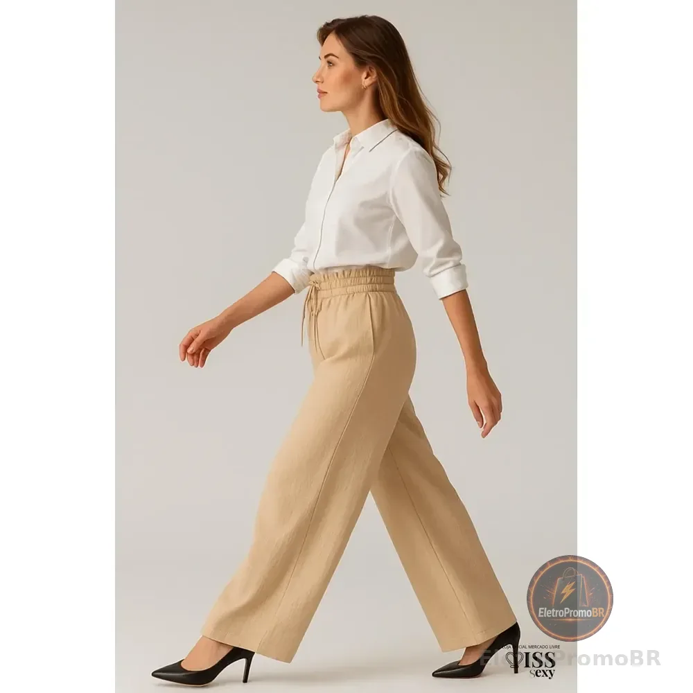 Calça Feminina Alfaiataria Wide Leg Social Pantalona Bege P