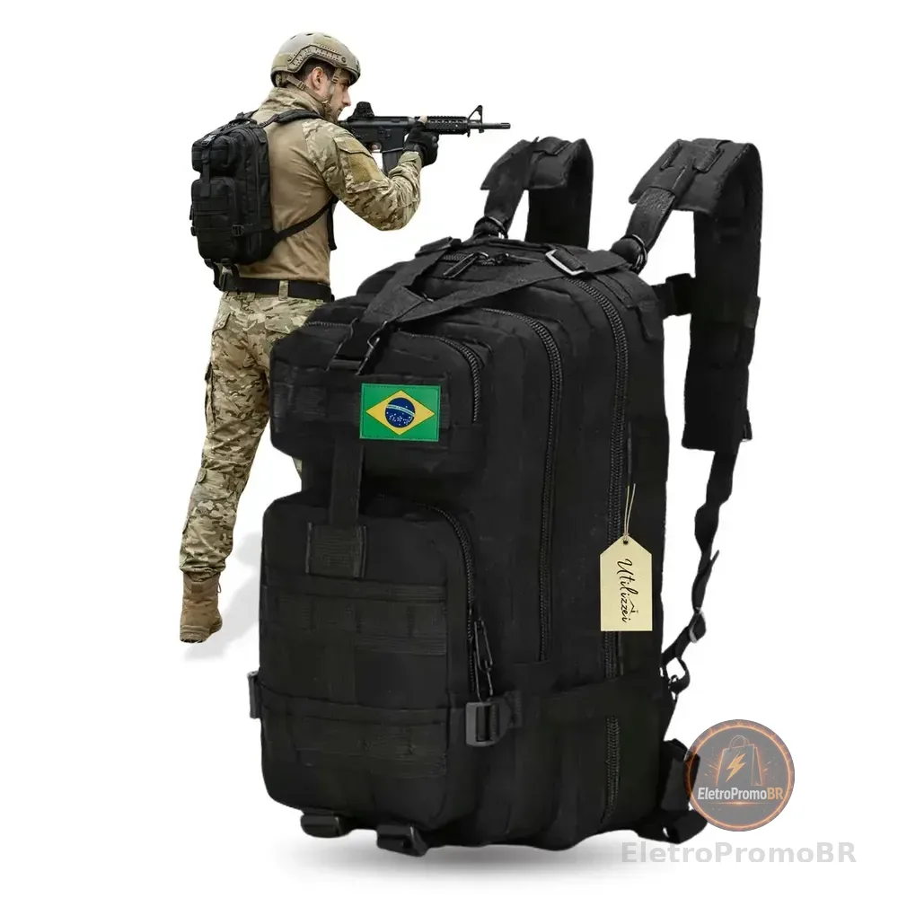 Mochila Militar Bolsa Tática Resistente 30 Litros Super Reforçada Impermeável Bandeira Brasil Brinde Utilizzei Preto Lisa