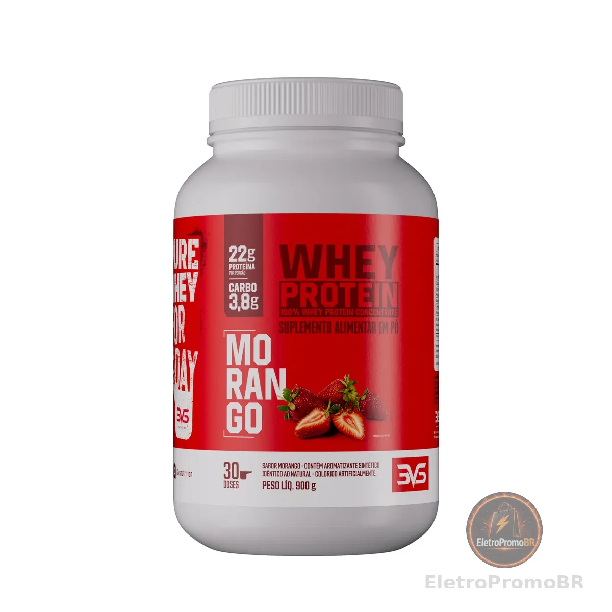 Whey Protein 100% Concentrado Morango 900g 3VS Nutrition · Proteína Pura · 18g por Porção · 30 doses · Sem Açúcar