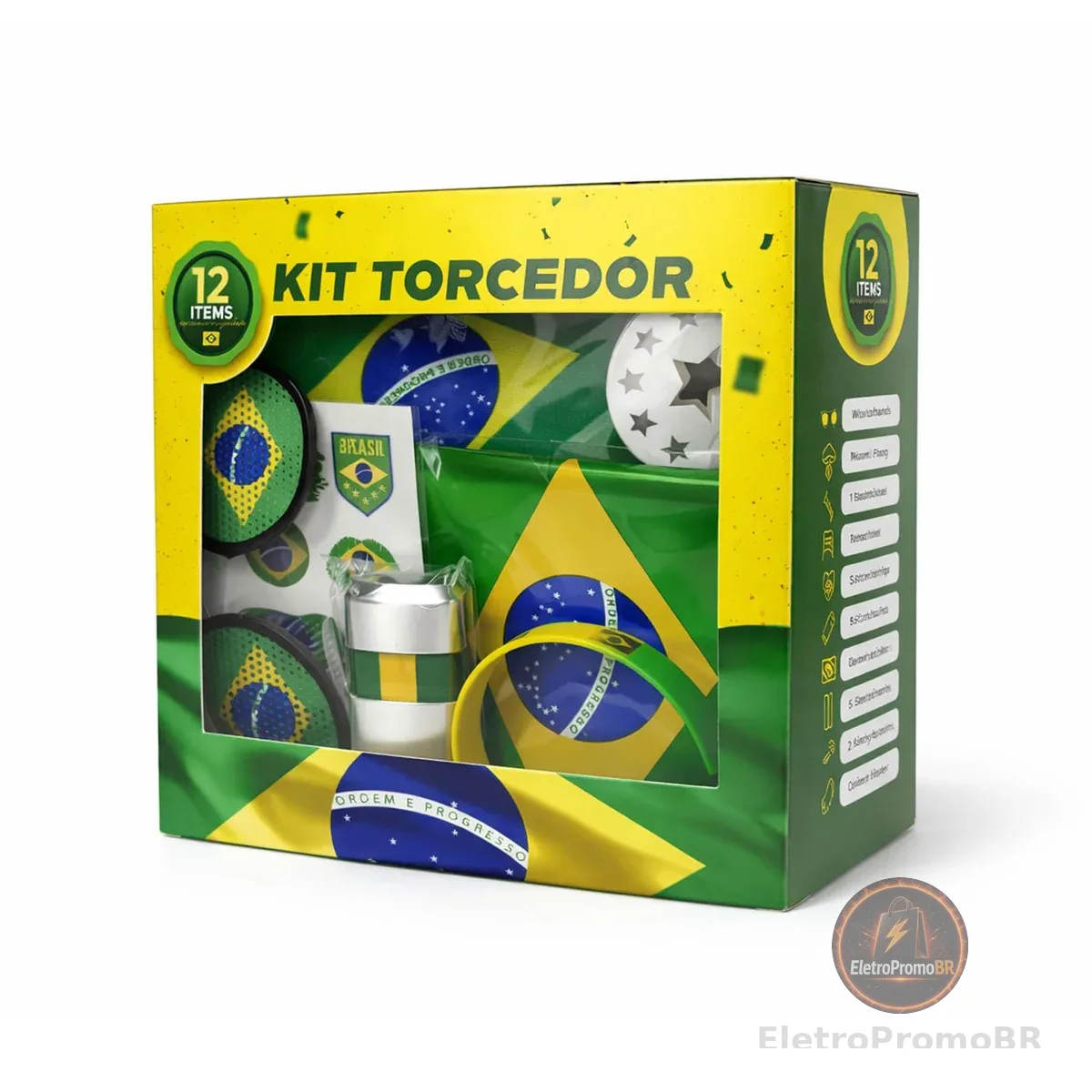 Kit Torcedor Brasil Copa do Mundo 2026 – 12 Peças Completo com Calendário de Jogos, Pintura Facial Hipoalergênica, Bandeira, Óculos, 2 Bastões Infláveis, Corneta e Caixa Presente – Em Busca do Hexa!