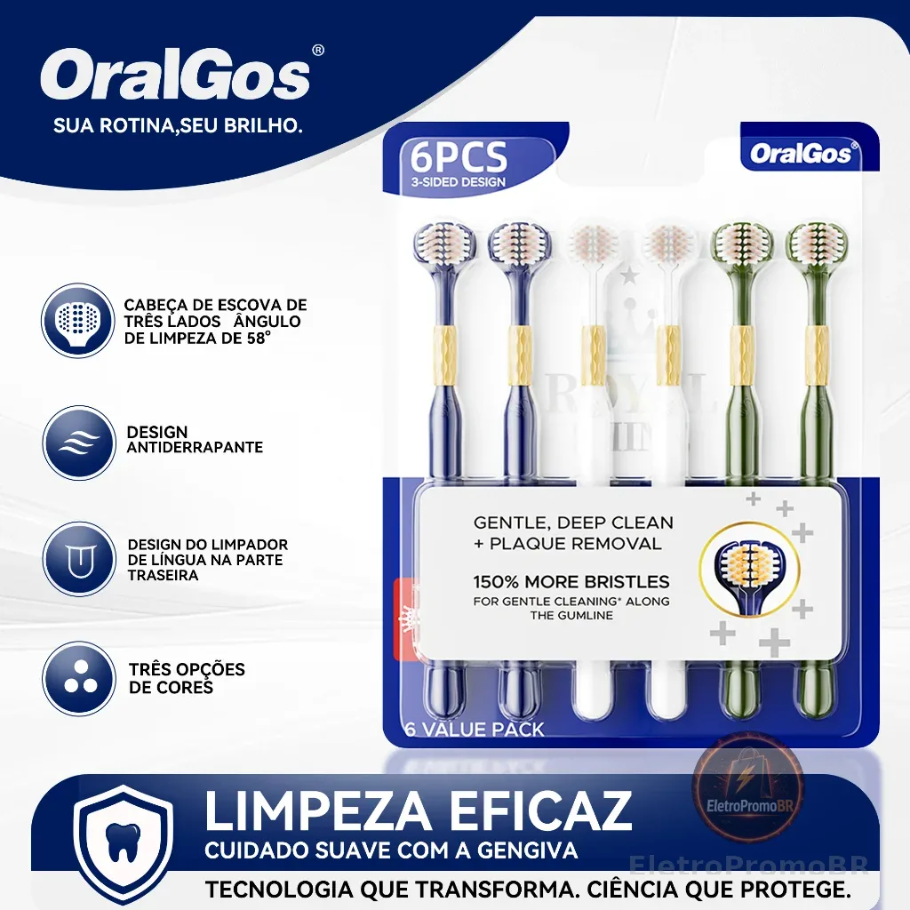 OralGos Escova Dental 3 Lados, Limpeza Profunda, Cerdas Macias, Para Gengivas Sensíveis