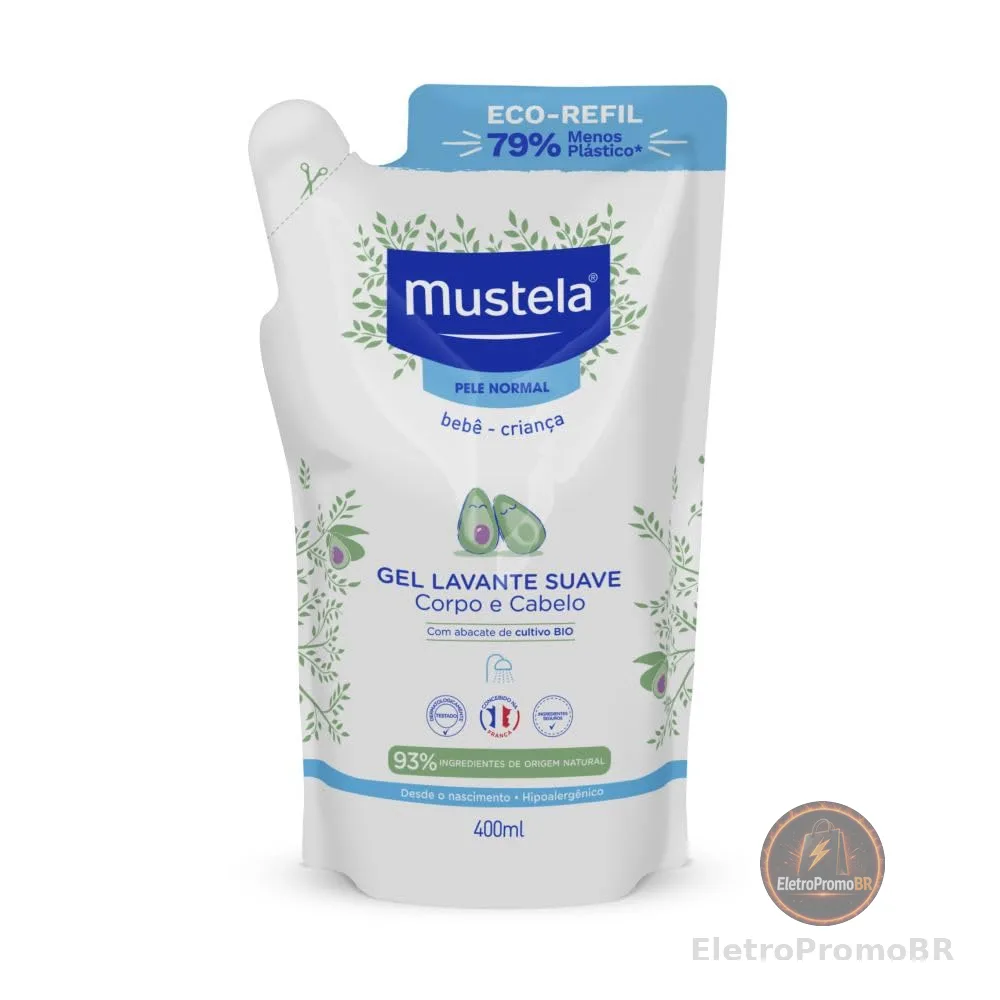 Mustela Refil Gel Lavante Suave 400ml - Sabonete Líquido Corpo e Cabelo para bebês e crianças – feito com 93% de ingredientes de origem natural - Mustela Bebê e Criança