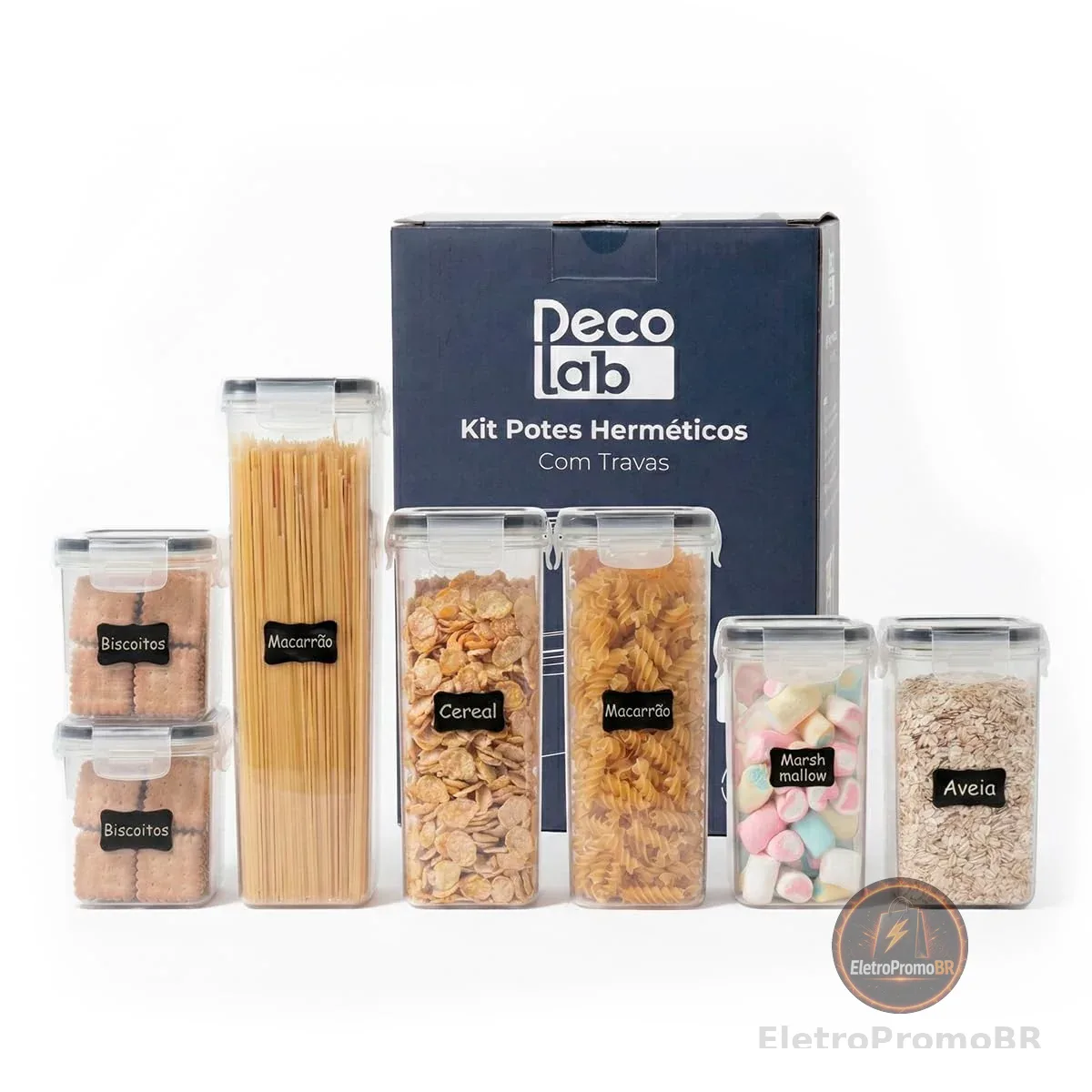 Decolab Kit Potes Herméticos com Vedação de Silicone Plástico BPA Free - Organizador de Geladeira, Porta Cereais, Temperos e Mantimentos (7, Transparente, Retangular) 2x0,8L / 2x1,4L / 2x2,0 / 1x2,8L