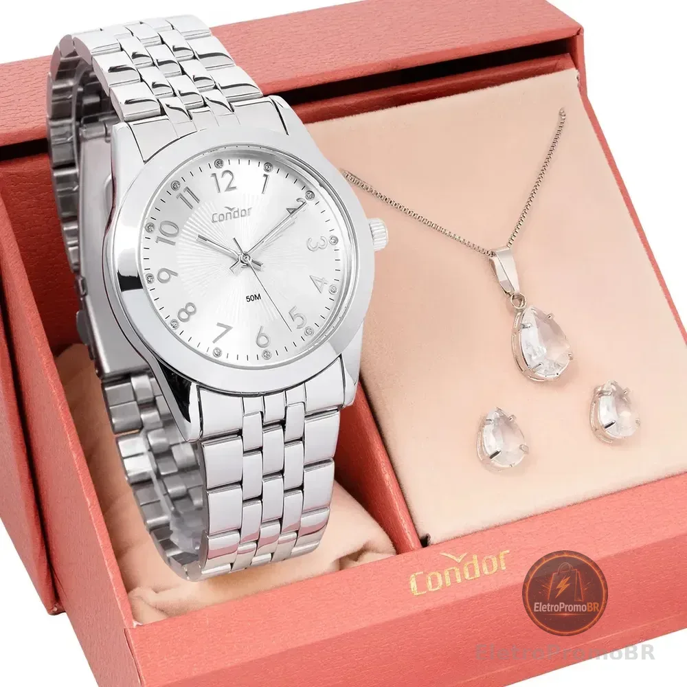 Kit Relógio Feminino Condor Com Colar E Brincos Co2035nno/k4b Prateado