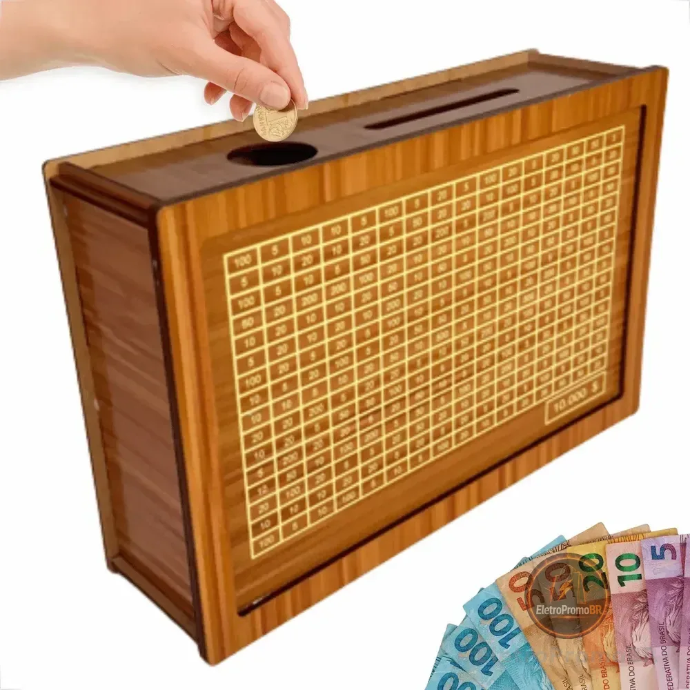 Cofre Desafio Woodbox Cofrinho 10mil 10k Metodo Japones Material Madeira Adesivado - Grupo Paraíso Mdf 10.000 Marrom-claro