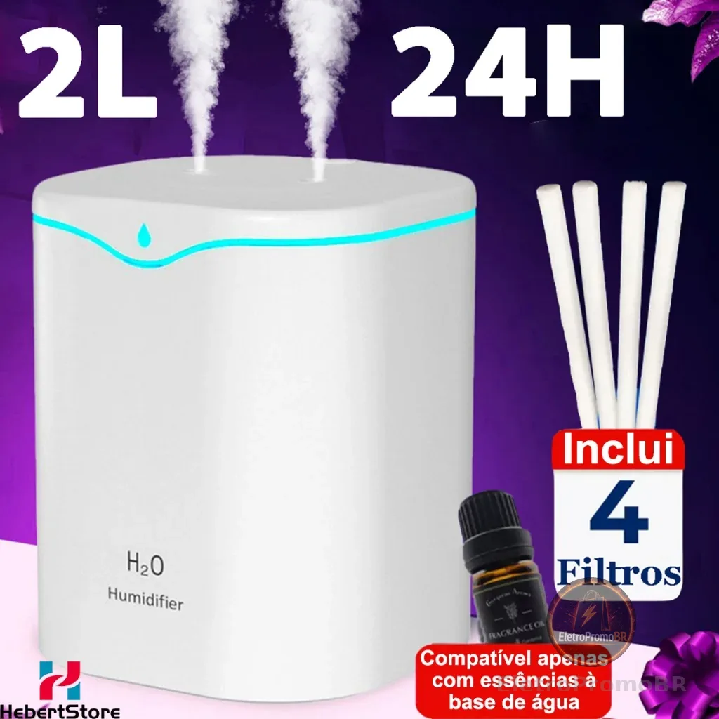 Umidificador de Ar e Aromatizador Grande 2 Litros 24 Horas com 2 Saídas de Ar e Led 3 em 1 Multifuncional para Quarto