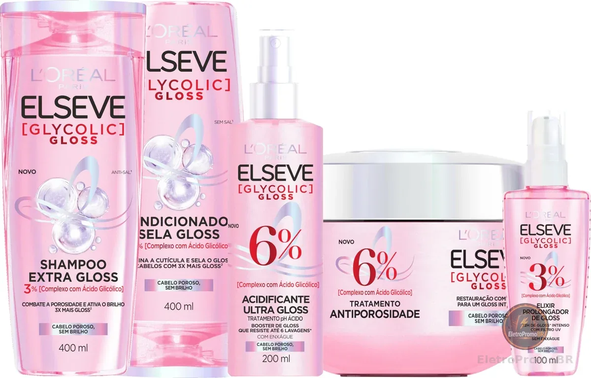 Kit Tratamento Capilar L'Oréal Paris Elseve Glycolic Gloss, Combate Porosidade, 5 Produtos para Brilho e Alinhamento