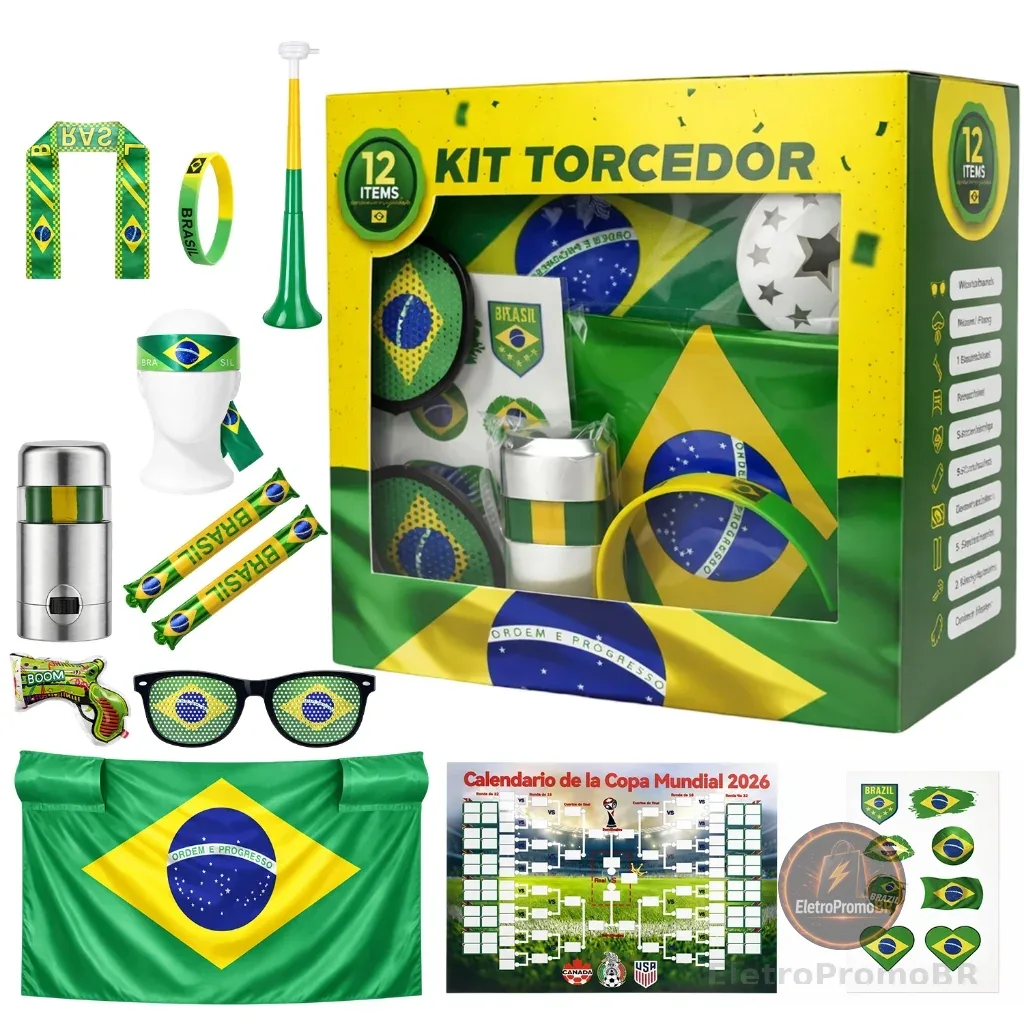 Combo Completo Torcedor Brasileiro Copa 2026 Bandeira, Adesivo, Trompete e Pintura Facial