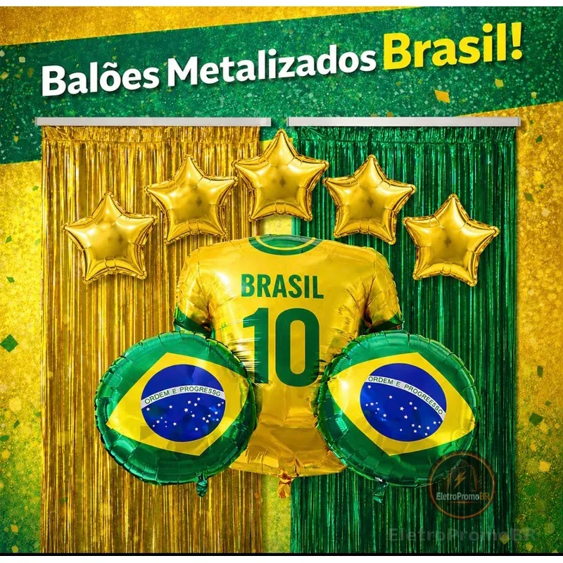 Kit Copa do Mundo – 2 Cortinas Metalizada Verde e Dourada + 2 Balões redondo bandeira do Brasil + 5 ⭐️ + 1 Camisa Brasil