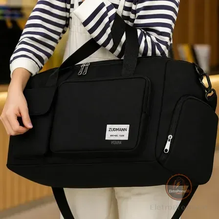 Bolsa Mala Impermeável Com Porta Tênis, Unissex, Alça Regulável E 6 Bolsos Externos, Alça E Tiracolo, Para Academia E Viagem - Marca Miran Preto Liso