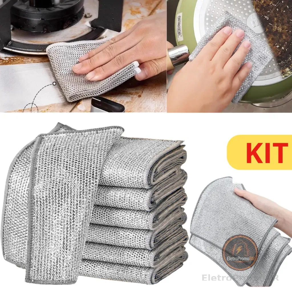 Kit Panos De Limpeza Aço Malha Arear Panela Fogão Toalha Louça Tira Gordura Reutilizável