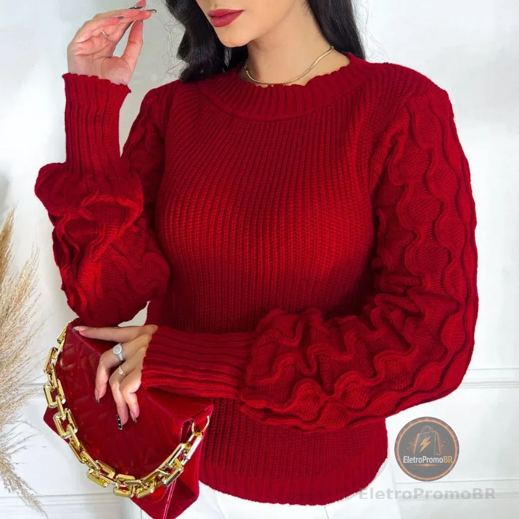 Blusa Feminina De Tricot Manga Longa Colmeia Onda Tricô Inverno Suéter Trico