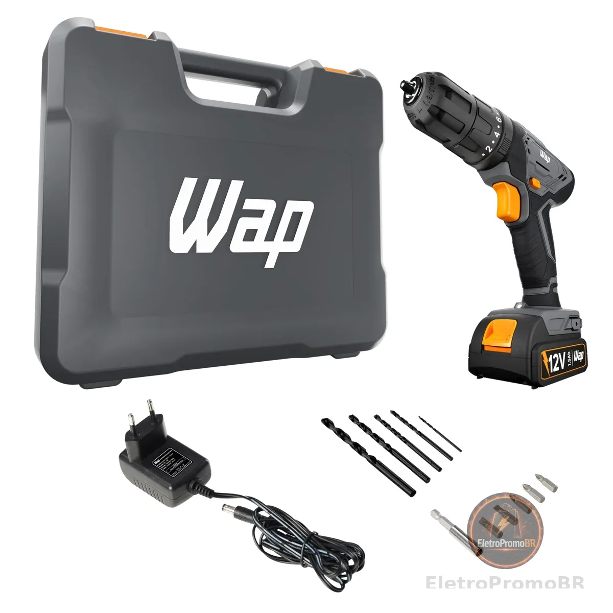 WAP Parafusadeira Furadeira de Impacto à Bateria 3/8" 12V WF 12K4.2 com 18 Níveis de Torque e Kit Acessórios e Maleta