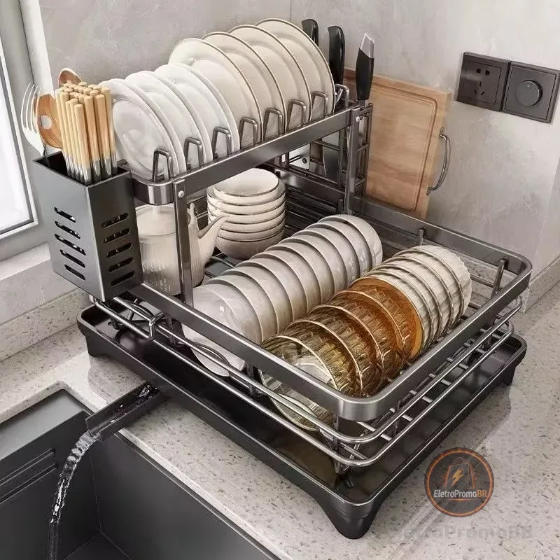 Escorredor de Louças em Aço Carbono para Cozinha Organizador de Pratos, Tigelas e Talheres