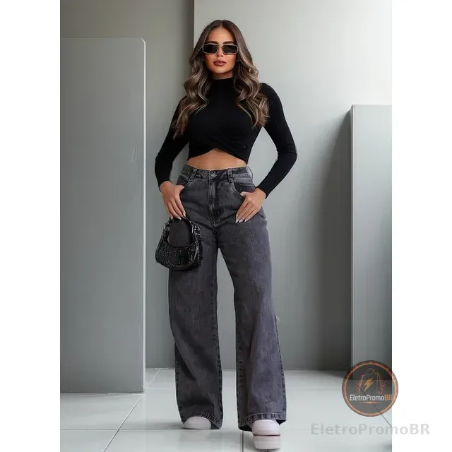 Calça Jeans Feminina Wide Leg Pantalona  100% Algodão