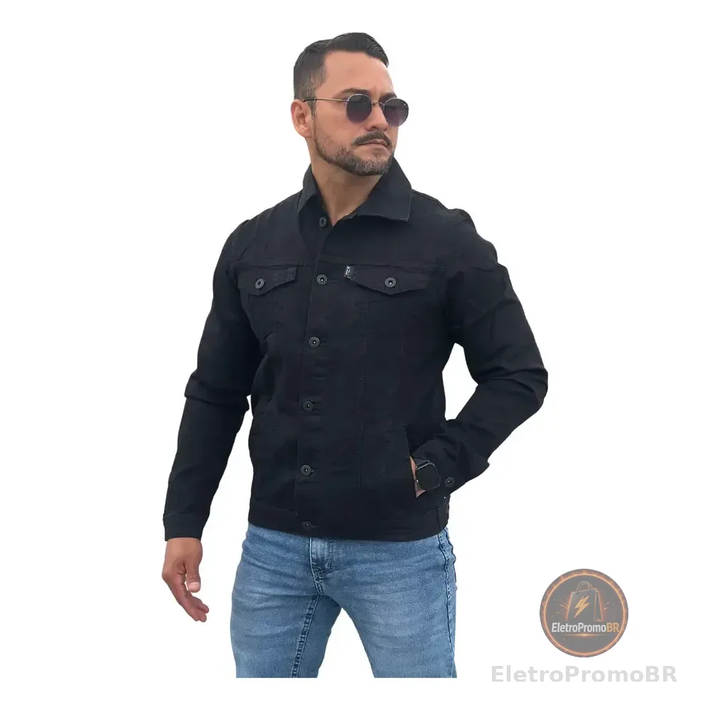 Jaqueta Jeans Masculina Sarja Bolsos Funcionais Resistente Preto M