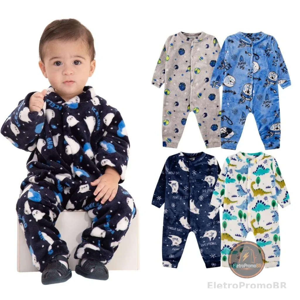 Kit 2 Macacão Bebe Menino Roupa Inverno Soft Peluciado Com Zíper Sortido