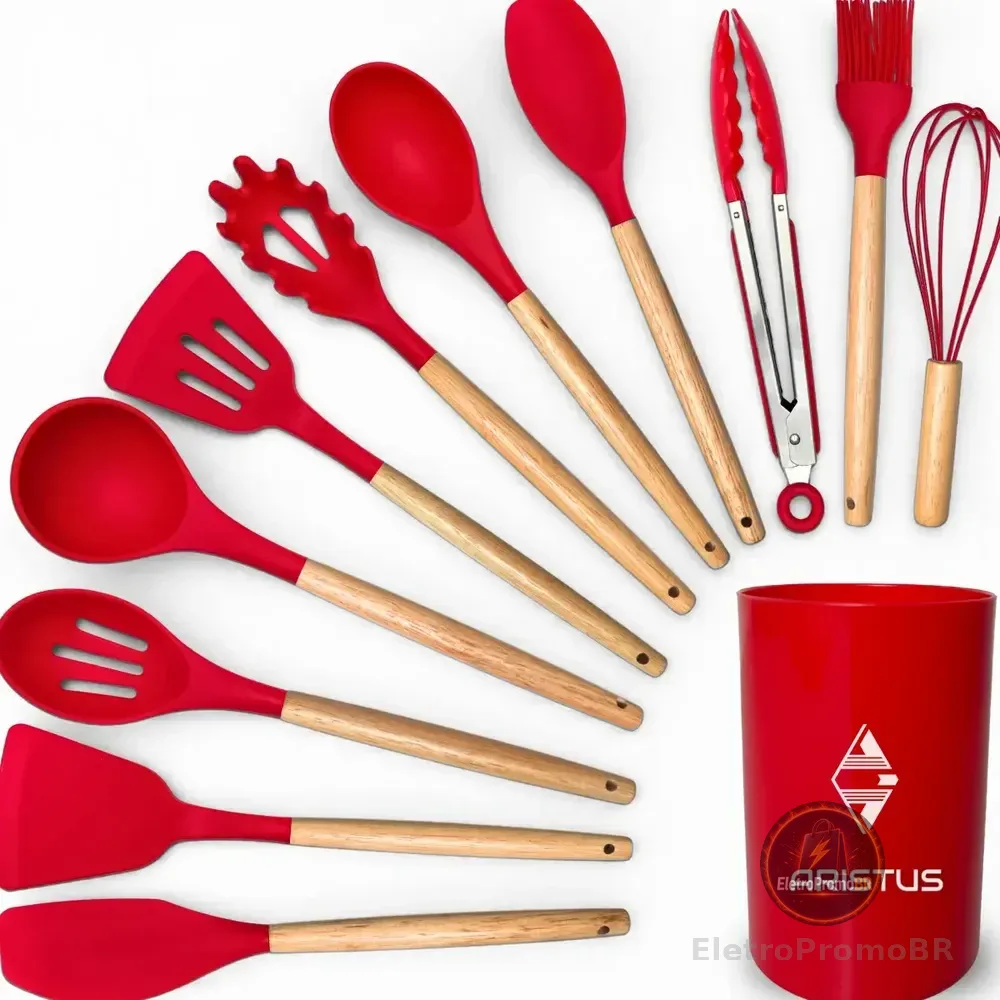Kit 12 Utensílios De Cozinha Em Silicone Premium Com Cabo De Madeira Aristus Resistentes Ao Calor Até 230°c, Antiaderentes, Duráveis E Modernos Cor Vermelho