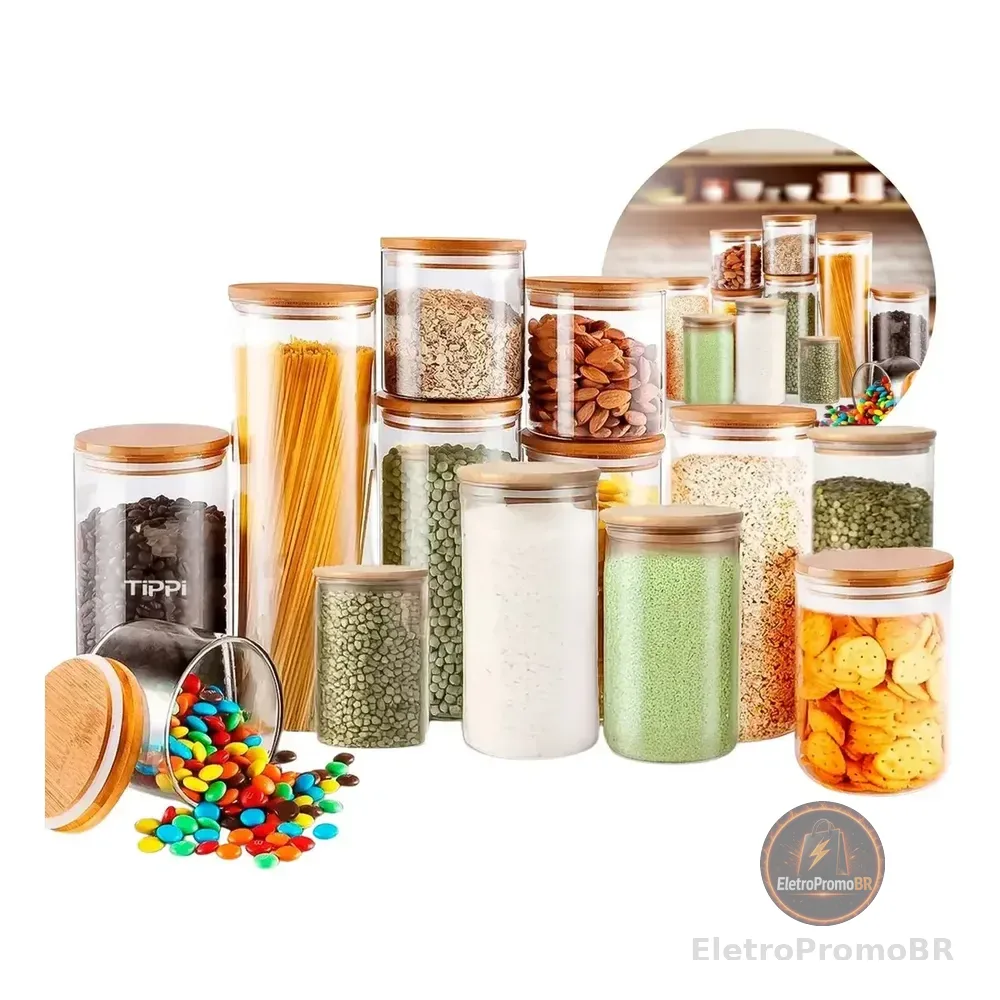 Kit 13 Potes De Vidro Herméticos Com Tampa De Bambu Organizador Para Mantimentos Grãos Café Cereais Massas Shokki