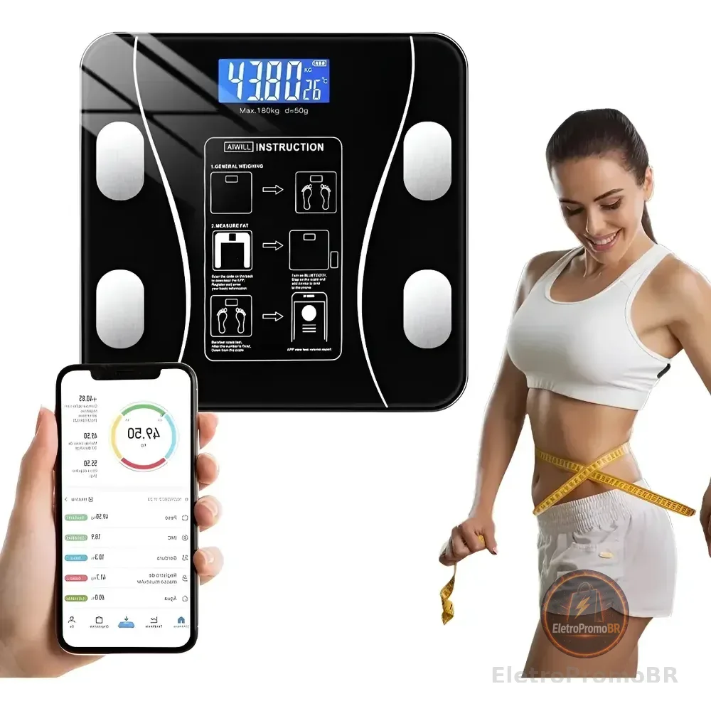 Usb Balança Digital Corporal Bioimpedância, Aplicativo Fitne Preto 3v