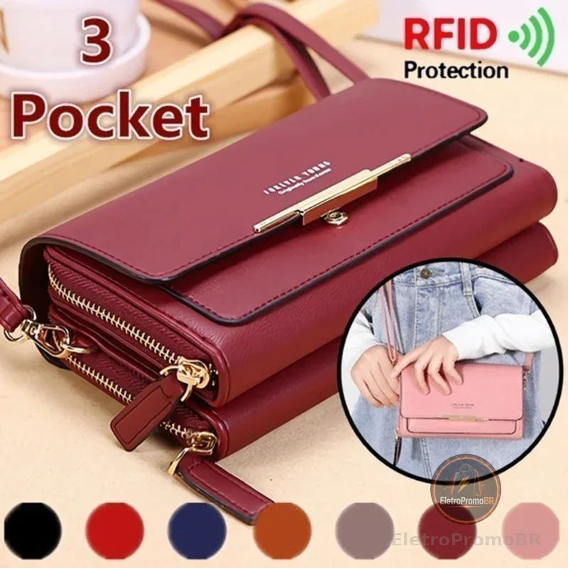 Bolsa Carteira Feminina De Transversal Ombro Couro PU Com 3 Camadas Porta-Cartões Telefone De Corpo Cruzado
