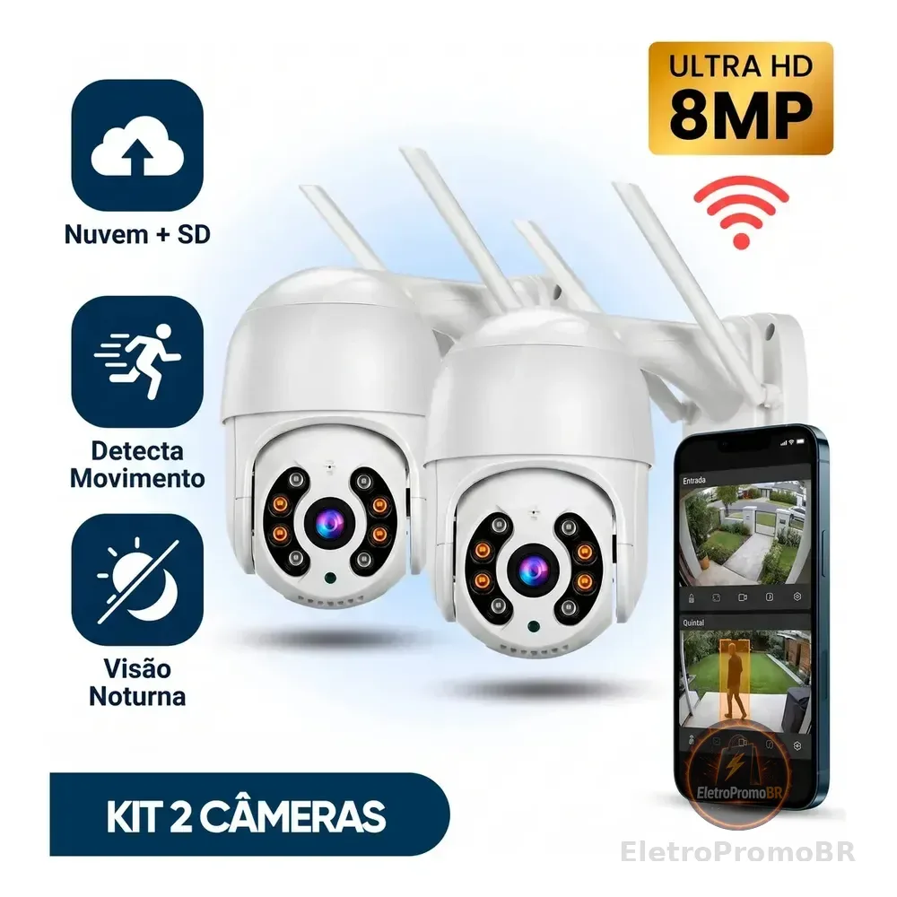 Kit Com 2 Câmeras De Segurança Ip Wifi A8 Full Hd Icsee Ptz 355° Com Visão Noturna Áudio Bidirecional Ip66 Monitoramento Remoto Para Celular Android E iPhone Branco