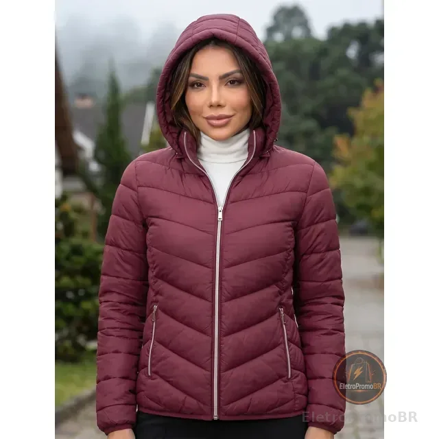 Jaqueta Feminina Puffer Impermeável Capuz Frio Inverno