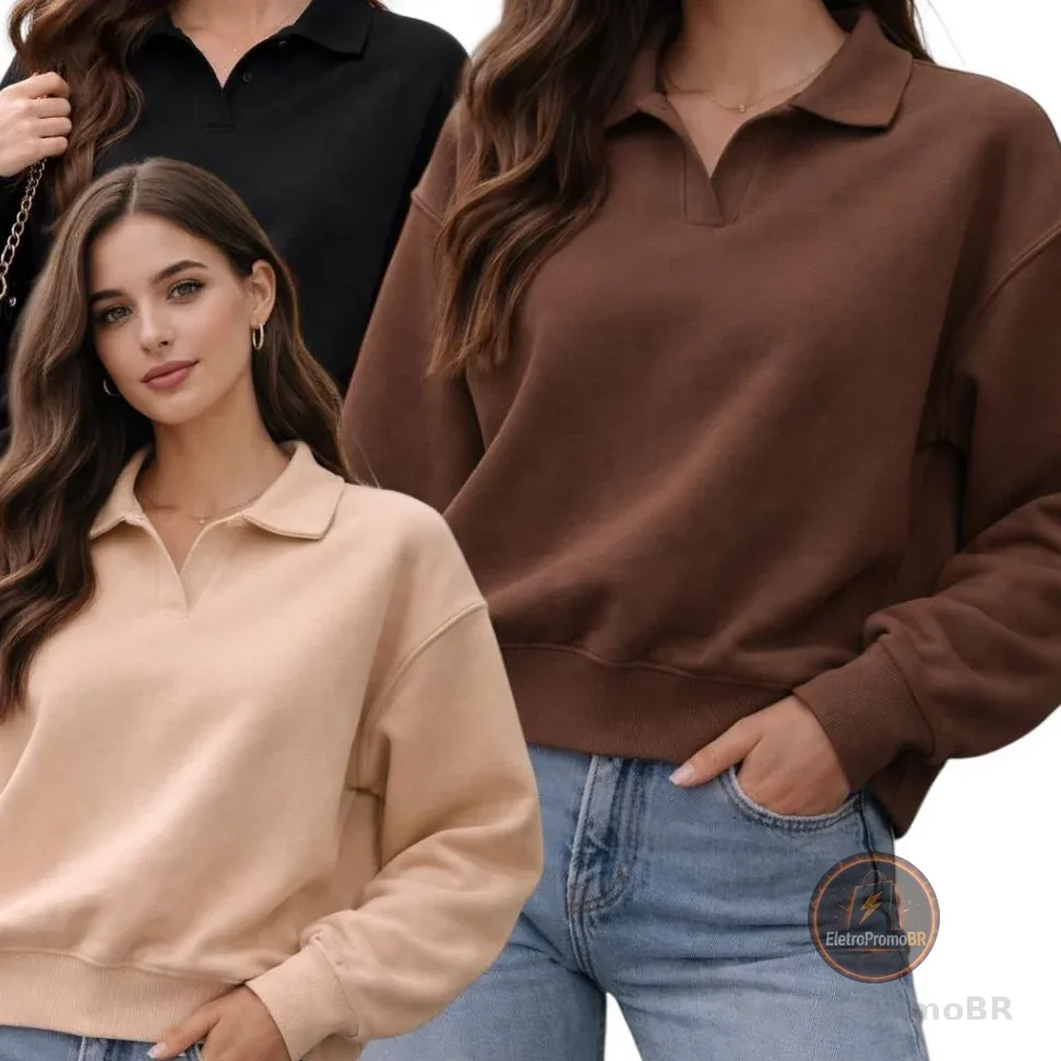 Moletom Feminino Oversized Gola Polo Premium Casual Chic Confortável Manga Longa Moda Inverno