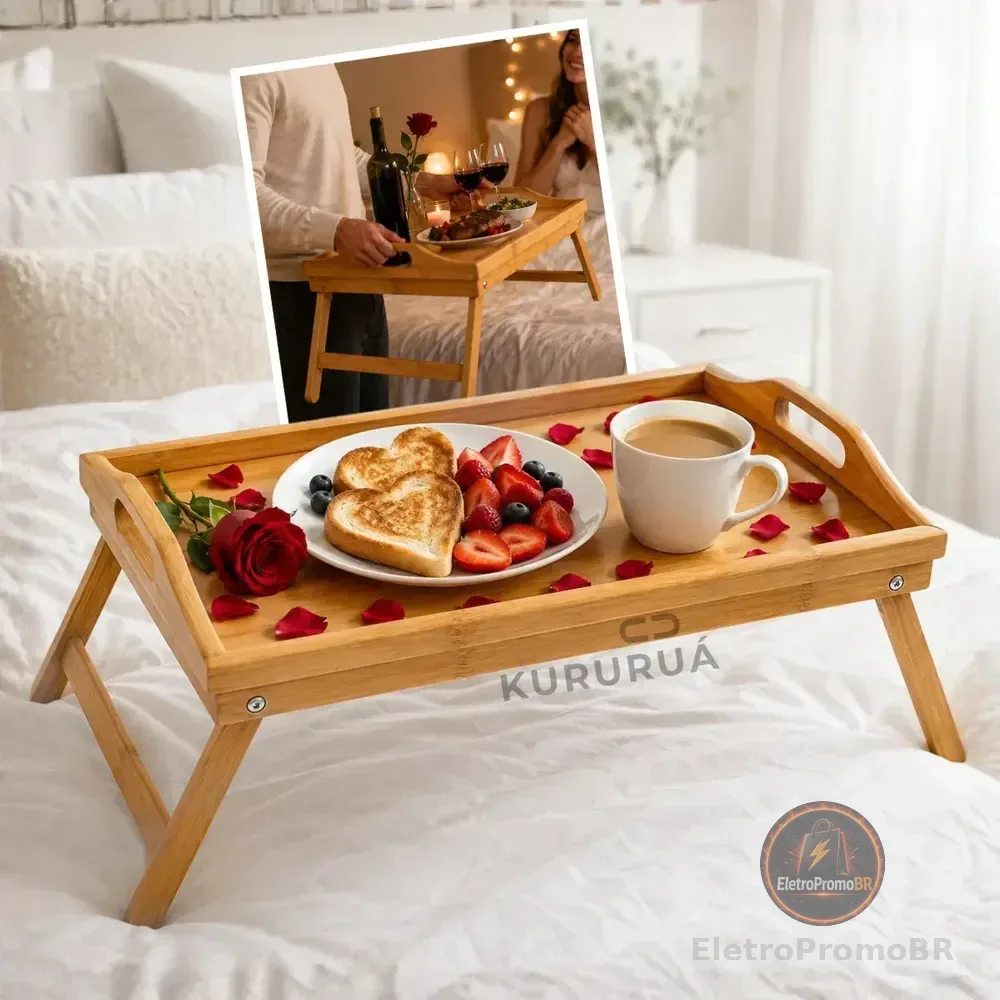 Bandeja Para Café Da Manhã Na Cama Em Bambu Com Pés Dobráveis 50x30cm Elegância, Praticidade Conforto Marca Kururuá