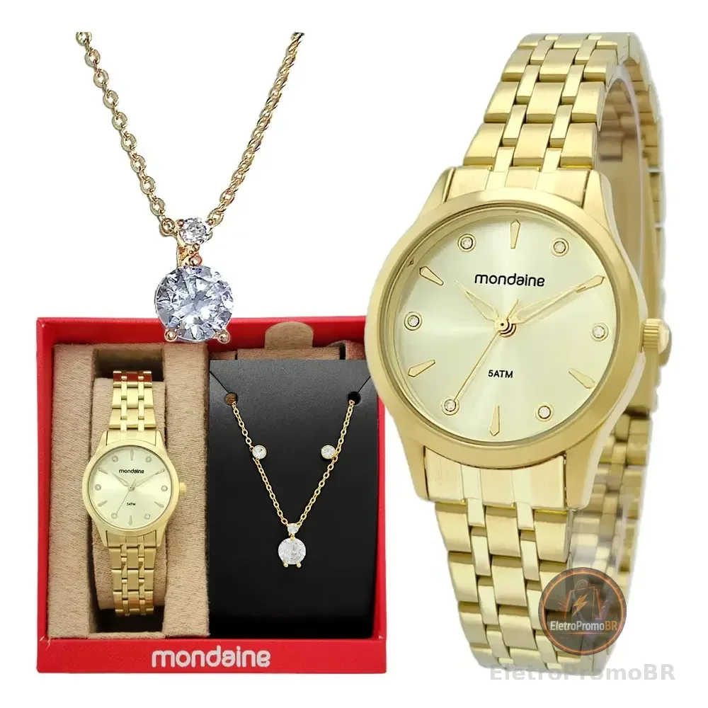 Kit Relógio Mondaine Feminino Dourado Com Colar E Brincos 32610lpmkde1k1
