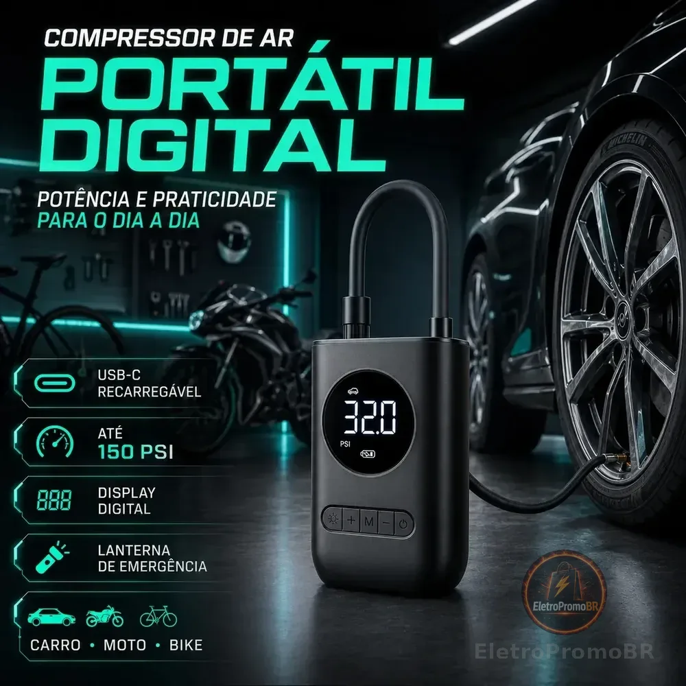 Compressor De Ar Portátil Digital Bhcases 80w Usb-c Para Carro Moto Bike Preto 127/220v 60 Hz Monofásica