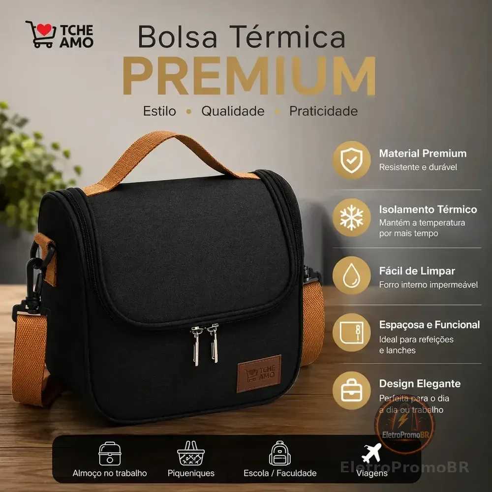 Bolsa Isotérmica Térmica Lancheira Marmita Sacola Para Academia Trabalho Escola E Passeios Alça Removivel Tche Amo Preto