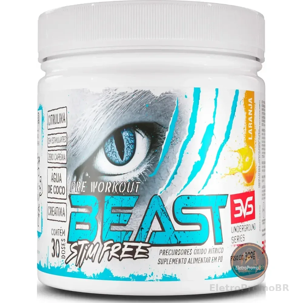 Pré Treino Sem Cafeína Beast 300g - Sabor Laranja - Fórmula Exclusiva Com Citrulina, Beta Alanina, Creatina, Água De Coco, Arginina, Taurina E Tirosina