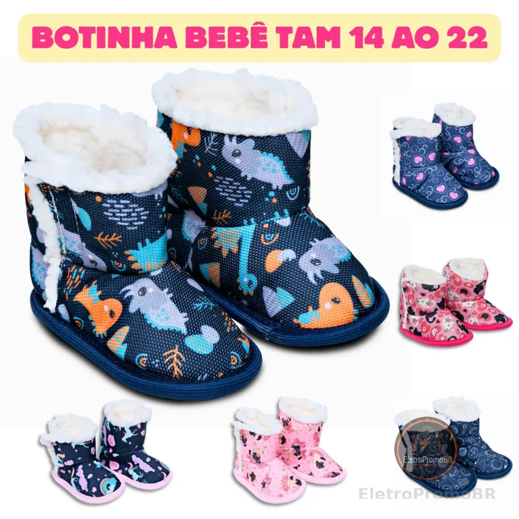 Botinha Bebê Pantufa Menina e Menino Tam 14 ao 22 Forrada Em Lã Inverno Com Solado Antiderrapante