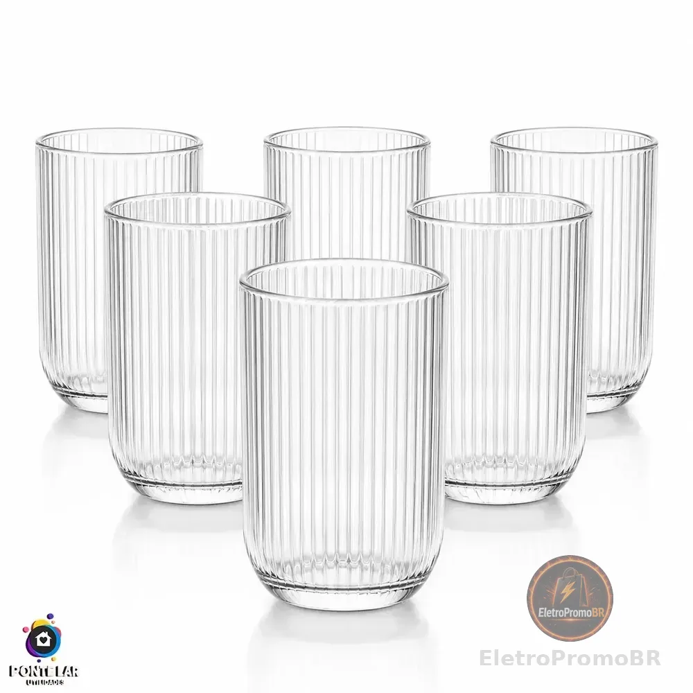 Jogo 6 Copos Vidro Canelado 423ml Moderno Elegante Premium Vinho Água Suco Drinks Gin Whisky Jogo Copos Taça Copo... Transparente Canelado