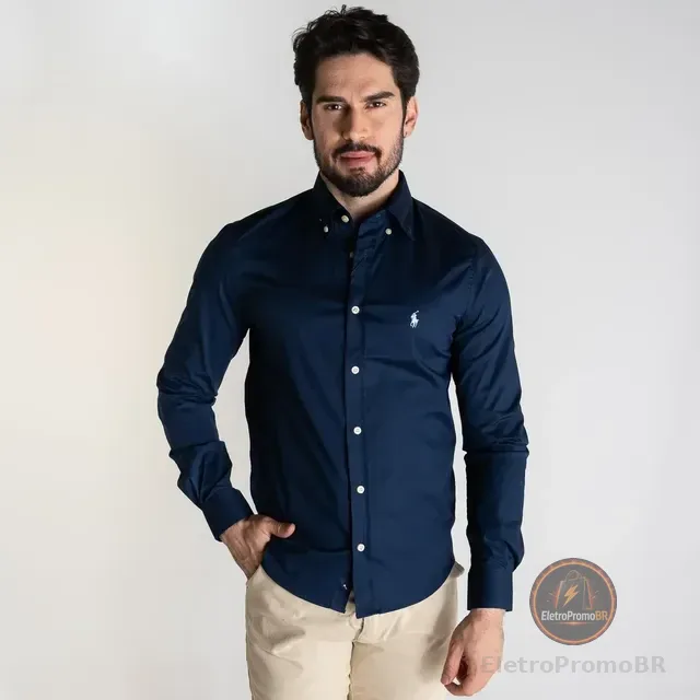 Camisa Ralph Lauren Slim Azul Marinho Manga Longa