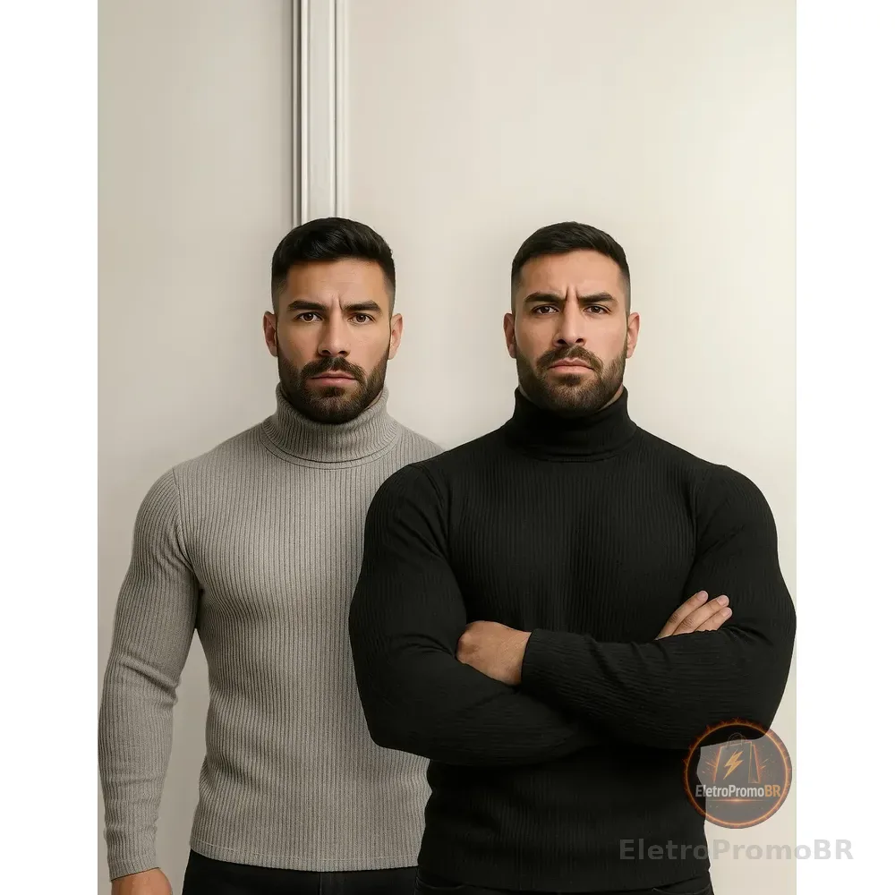 Kit 2 Blusa Cacharrel Masculino Gola Alta Canelado Camisas Preto + Cinza G