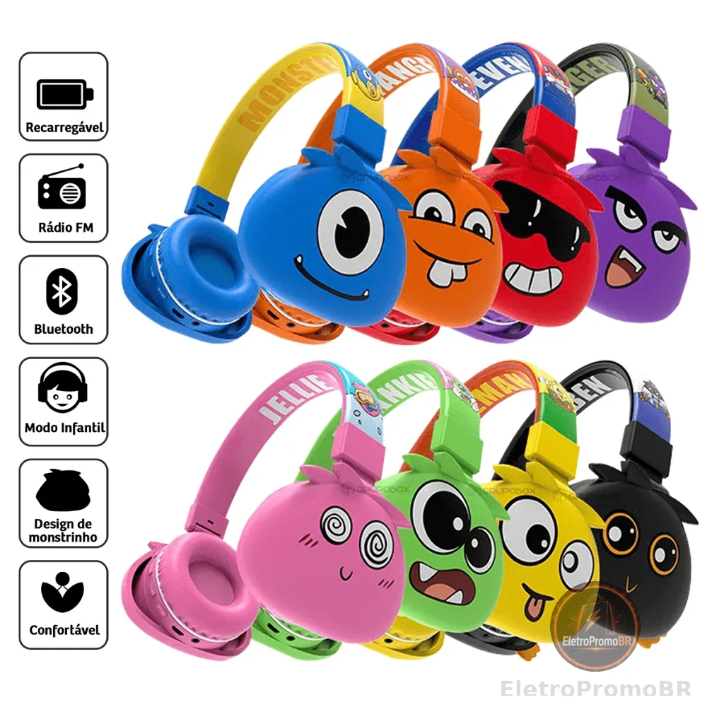 Fone de Ouvido Bluetooth Headset Infantil Monster sem Fio Com Microfone