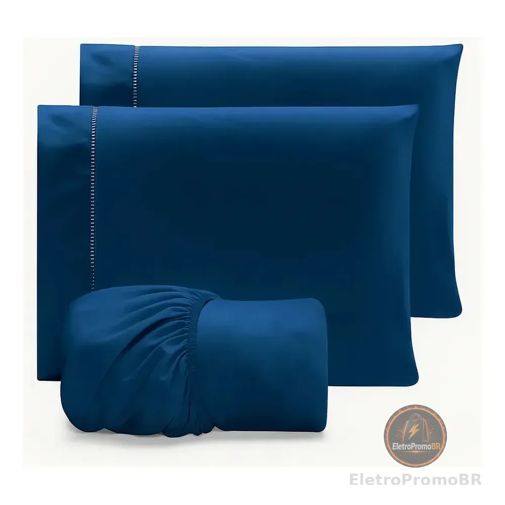 Jogo Lençol Casal 3pç 400 Fios Hipercal Conforto Macio Cor Azul-marinho Desenho Do Tecido Liso