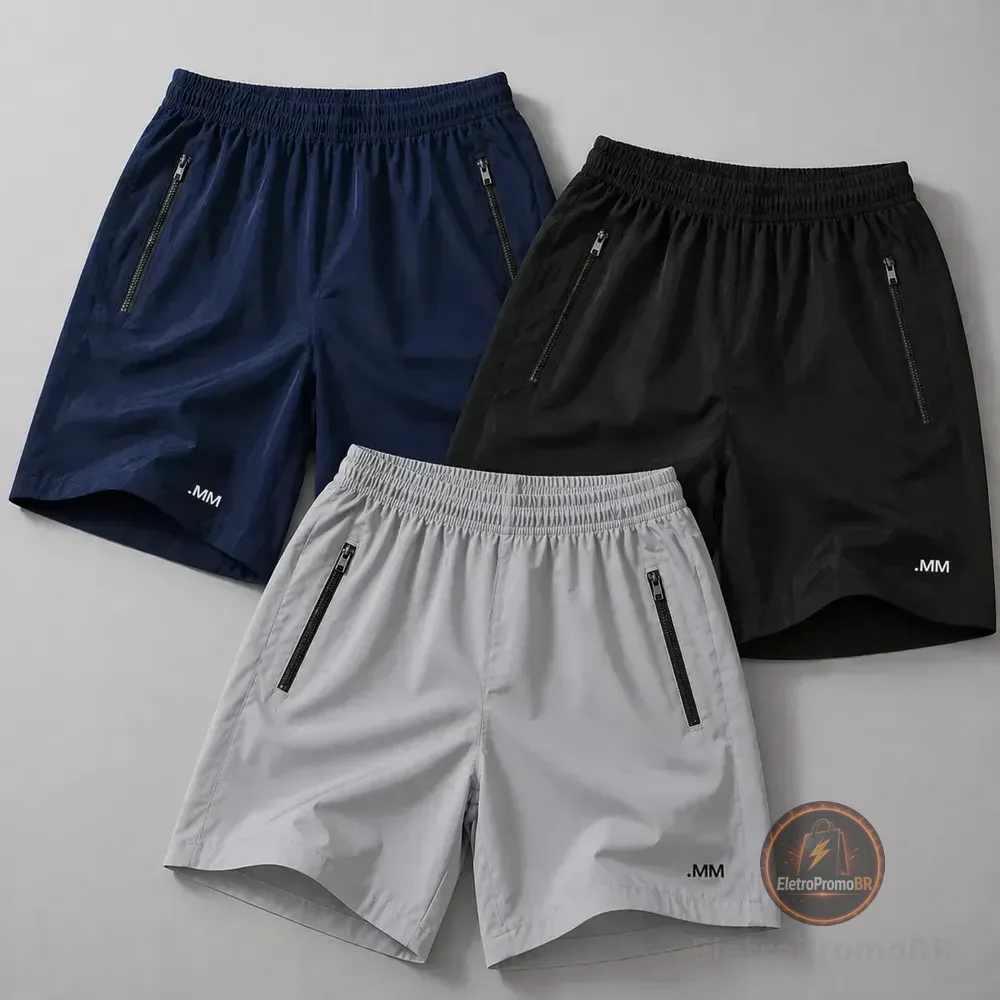 Kit 3 Bermuda Tactel Elastano Short Ziper Verão Masculino Preto-marinho-cinza Lisa M