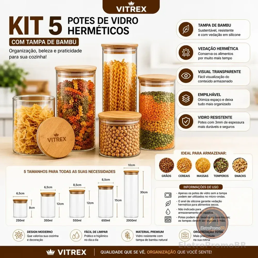 Kit 5 Potes De Vidro Herméticos Com Tampa De Bambu Organizador Para Mantimentos Grãos Café Massas E Cereais 3,8 Litros Vitrex Transparente
