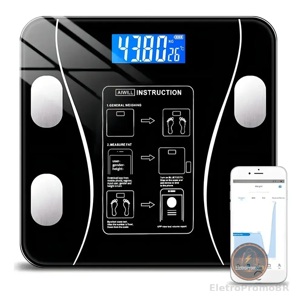 Balança Corporal Bioimpedância Profissional Bluetooth Preto