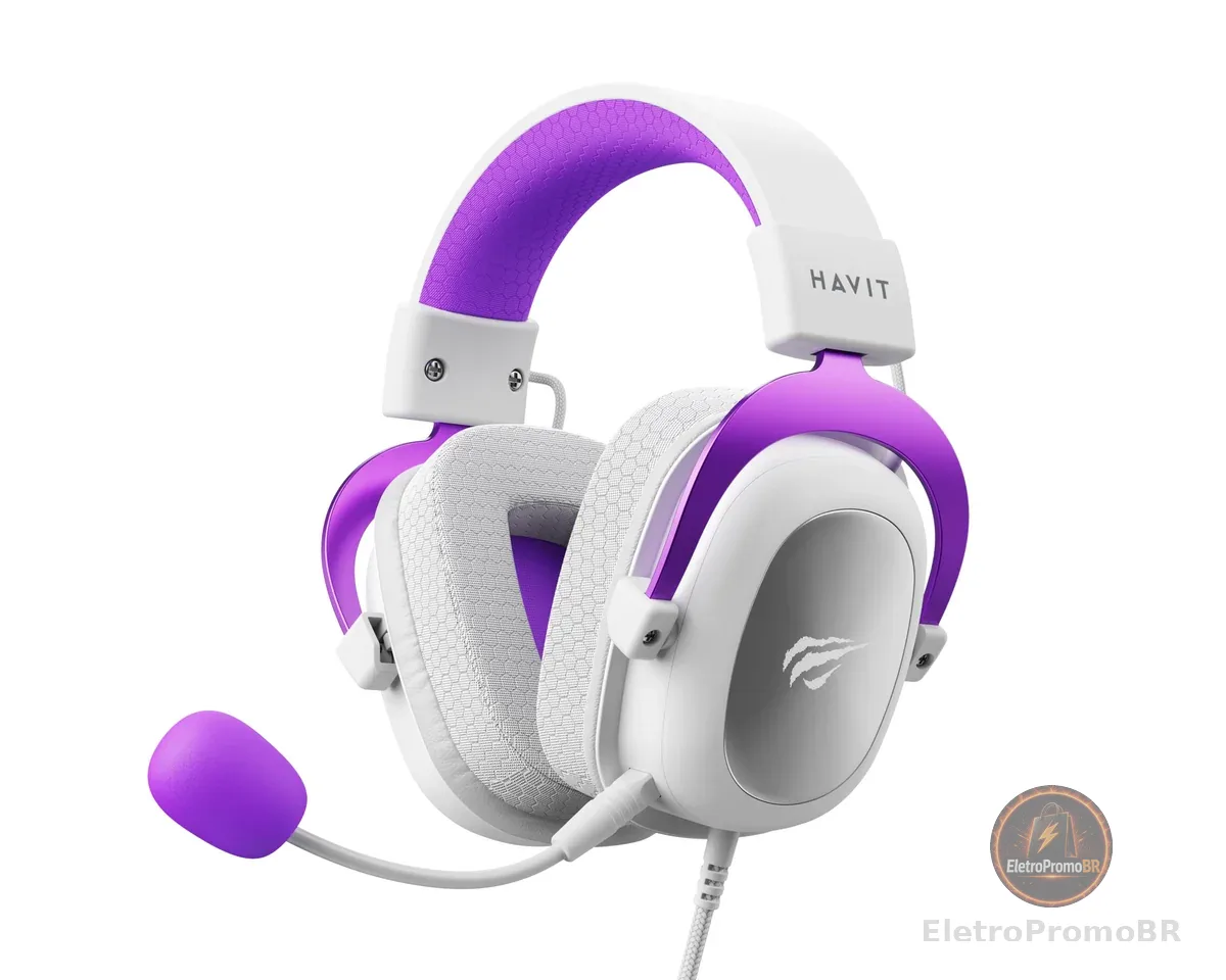 Havit Headphone Fone de Ouvido H2002d Purple, Gamer, com Microfone, Falante 53mm, Plug 3, 5mm: compatível com XBOX ONE e PS4, HAVIT, HV-H2002d Cor Roxo e Branco